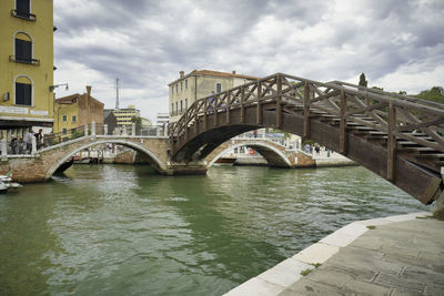 Bridge over river by buildings against sky