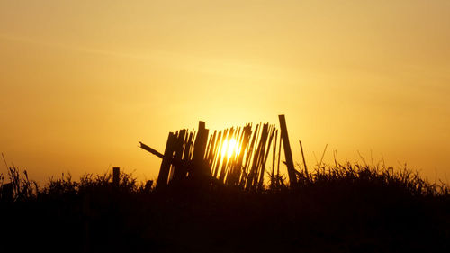 Silhouette plants on field against orange sky