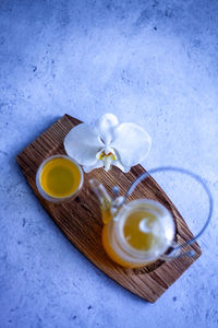High angle view of dessert on table