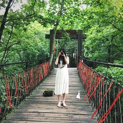 Woman photographing with camera while standing on footbridge amidst trees