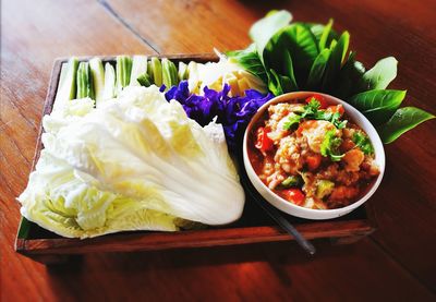 High angle view of meal served on table