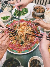 Cropped hands of people having food in plate on table