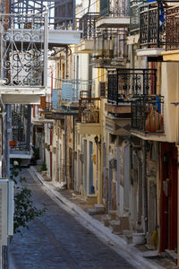 Balconies on the facades of houses in pyrgi village on chios island.