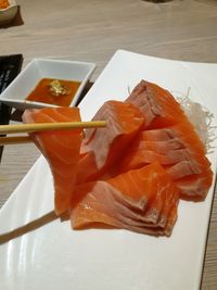 High angle view of sushi in plate on table