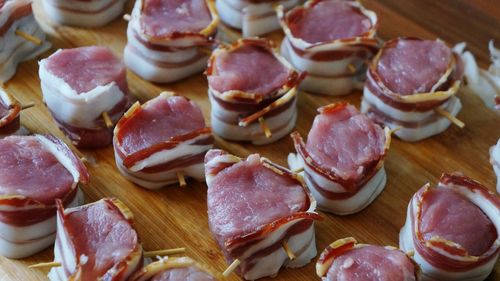 High angle view of raw pork fillet on table in kitchen