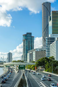 City street and modern buildings against sky