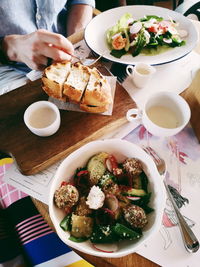 High angle view of food served on table