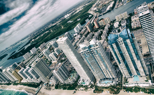 High angle view of modern buildings in city