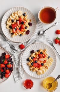 High angle view of breakfast served on table