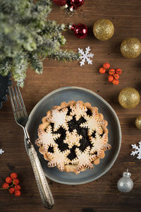 High angle view of christmas tree on table