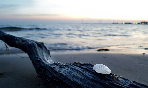 Close-up of sea against sky at sunset