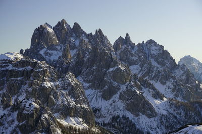 Scenic view of snowcapped mountains against clear sky