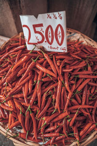 Close-up of red chili peppers for sale at market