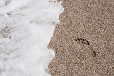 High angle view of footprints on sand at beach