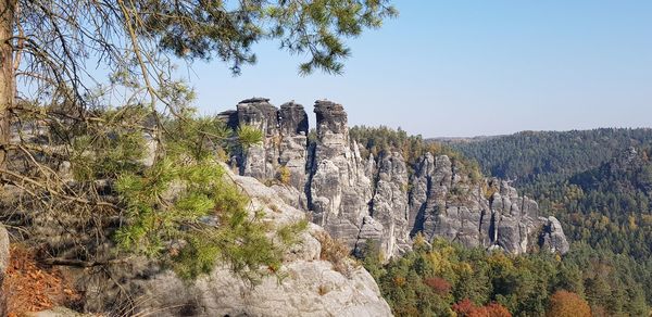Low angle view of rocks against clear sky