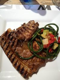 High angle view of meal served on table