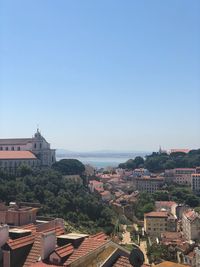 High angle view of townscape against clear blue sky