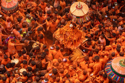 Locals celebrate the bisket jatra festival in thimi in the bhaktapur district.