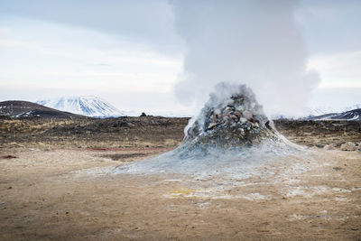 Panoramic view of volcanic landscape against sky