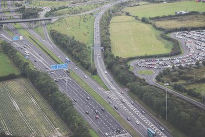 High angle view of road amidst agricultural landscape