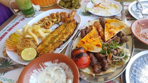 High angle view of food in plate on table