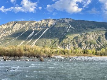 Scenic view of lake and mountains against sky