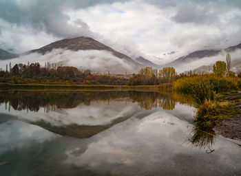 Scenic view of lake and mountains against sky