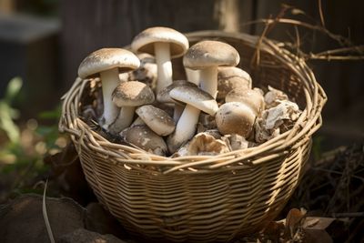 Close-up of mushrooms in wicker basket