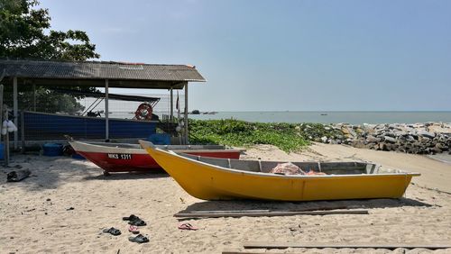 Boat moored on beach against clear sky