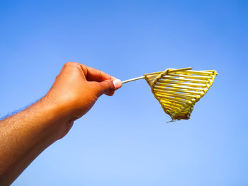 Hand holding leaf against clear blue sky