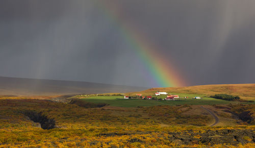 Scenic view of rainbow over field