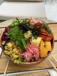 High angle view of vegetables in plate on table