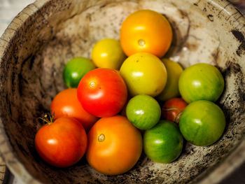 High angle view of tomatoes in bowl