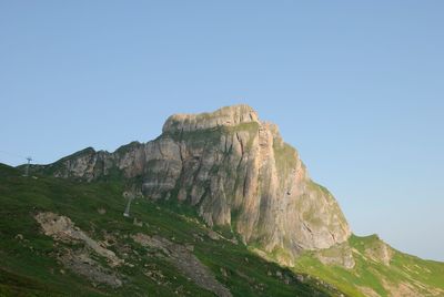 Scenic view of rocky mountains against clear blue sky