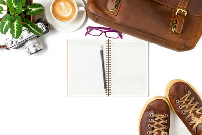 High angle view of coffee cup on table