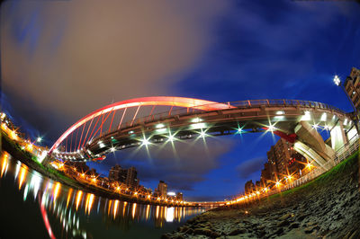 Panoramic view of illuminated bridge against sky at night