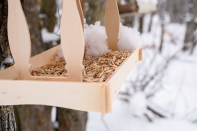 Wooden feeder for wild forest birds with food hanging on tree covered with fresh icy frozen snow