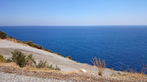 Scenic view of sea against clear blue sky