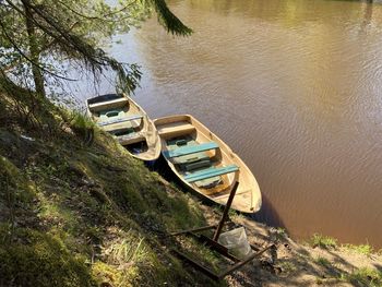 High angle view of abandoned boat moored in lake