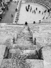 High angle view of people on steps