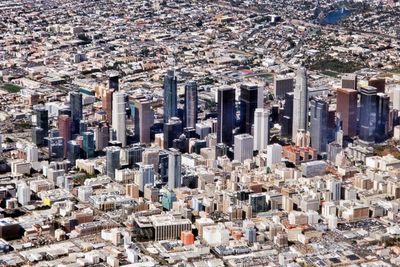 High angle view of city buildings