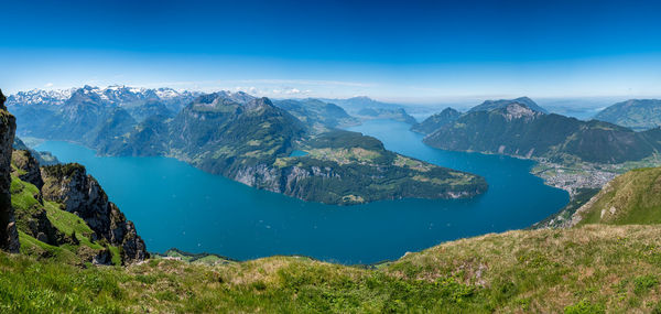 Panoramic view of lake and mountains against blue sky