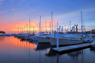 Yachts moored at harbor against sky during sunset