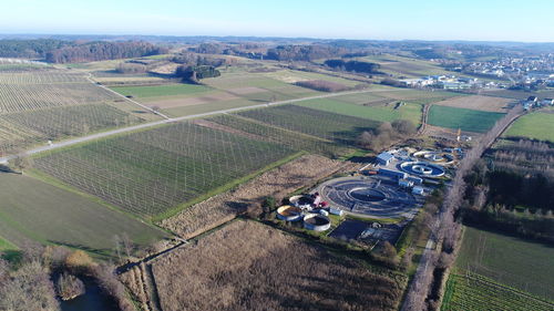 High angle view of agricultural field against sky