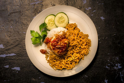 High angle view of meal served on table