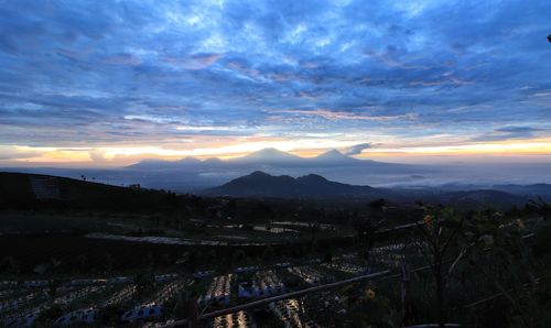 High angle view of city against sky during sunset