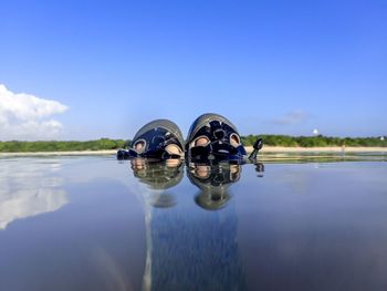 Reflection of man in lake against clear blue sky