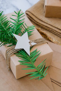 High angle view of christmas presents on table