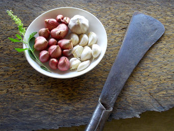 High angle view of fruits in bowl on table