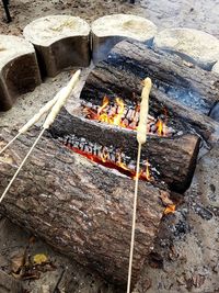 High angle view of meat on barbecue grill